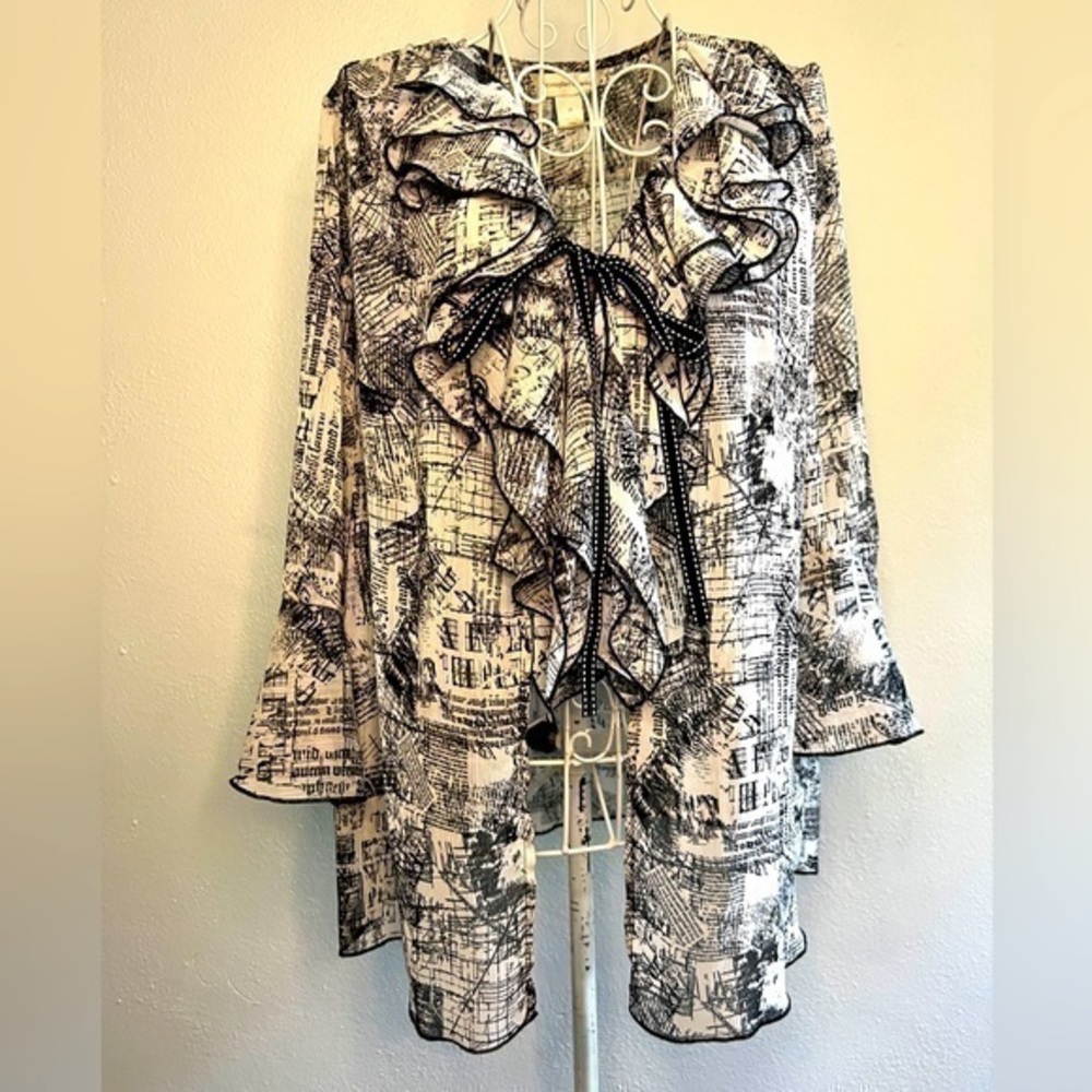 Christopher & Banks black/white sheer over-blouse Sz M ties @ ruffled neckline.